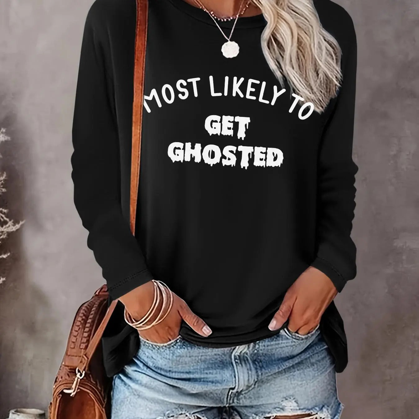Women's Letter Print Round Neck Tee, Casual Long Sleeve T-shirt for Spring & Fall, Fashion Women's Top for Daily Wear...