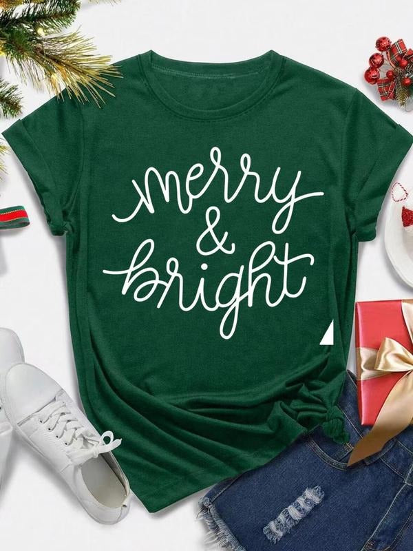 Women's Letter Print Round Neck Tee, Casual Short Sleeve Crew Neck T-shirt for All Seasons, Fashion Women's Top for Daily...