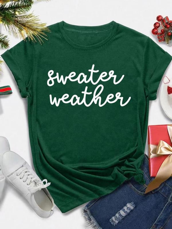 Women's Letter Print Round Neck Tee, Casual Short Sleeve Crew Neck T-shirt for All Seasons, Fashion Women's Top for Daily...