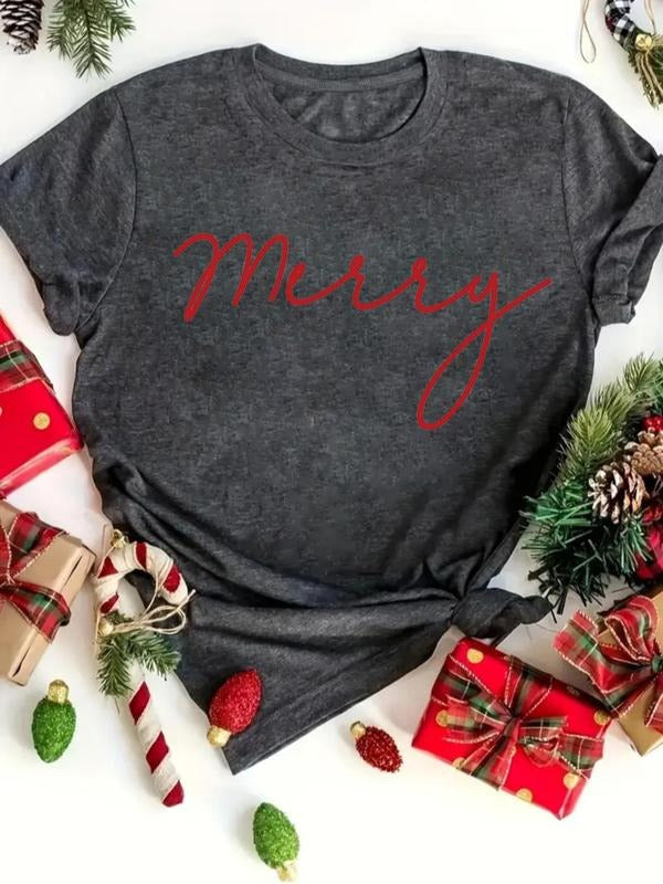 Women's Letter Print Round Neck Tee, Casual Short Sleeve Crew Neck T-shirt for All Seasons, Fashion Women's Top for Daily...