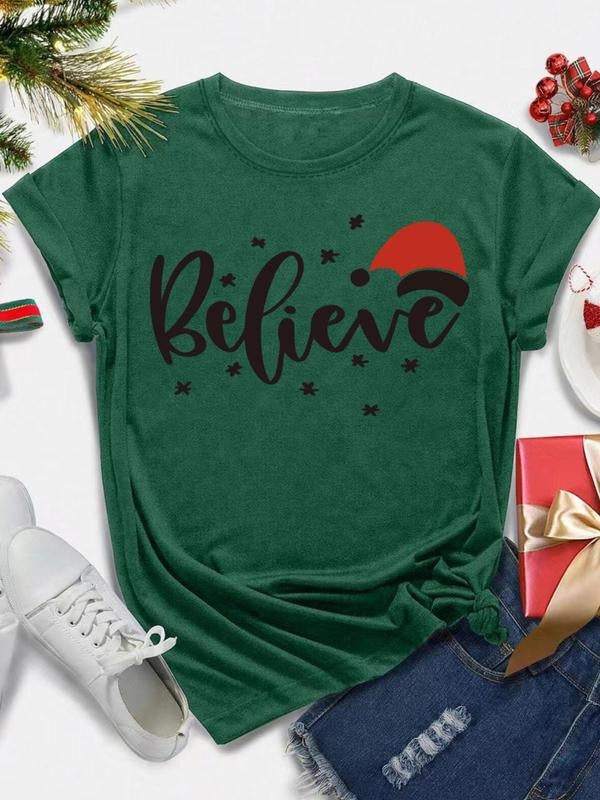 Women's Letter Print Round Neck Tee, Casual Short Sleeve Crew Neck T-shirt for All Seasons, Fashion Women's Top for Daily...