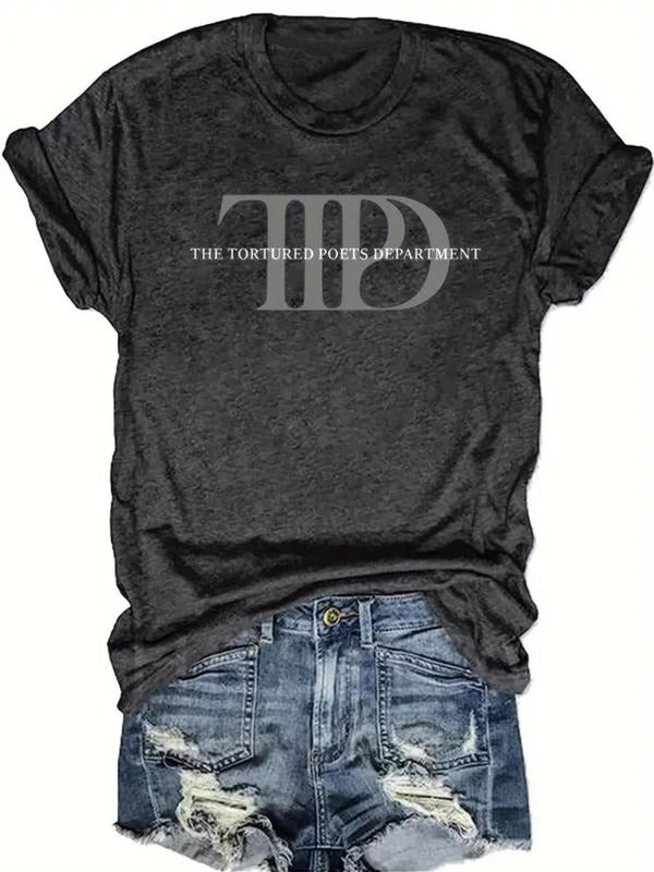 Women's Letter Print Round Neck Tee, Casual Short Sleeve Crew Neck T-shirt for Daily Wear, Ladies Clothes for All Seasons...