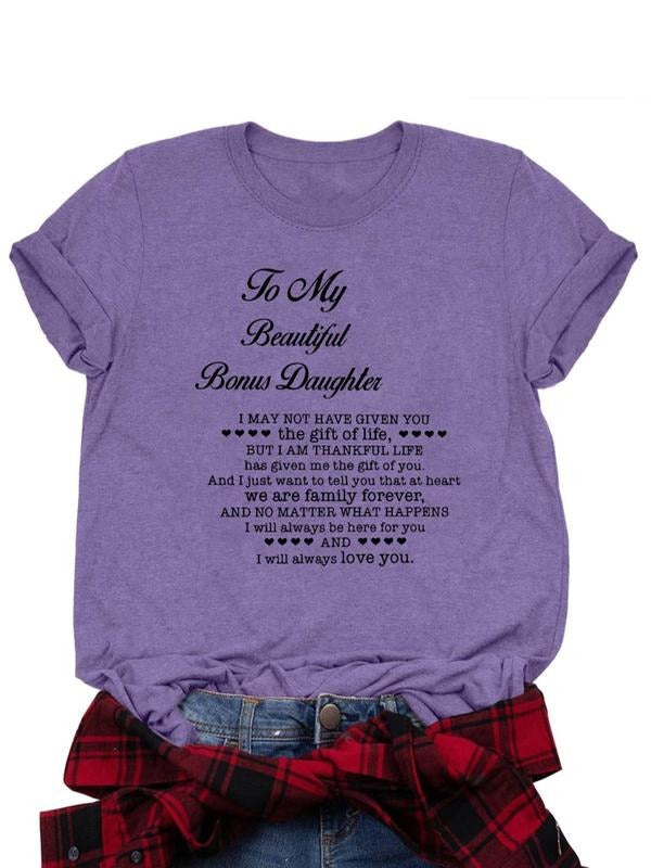 Women's Letter Print Round Neck Tee, Casual Short Sleeve Crew Neck T-shirt for Daily Wear, Ladies Clothes for All...