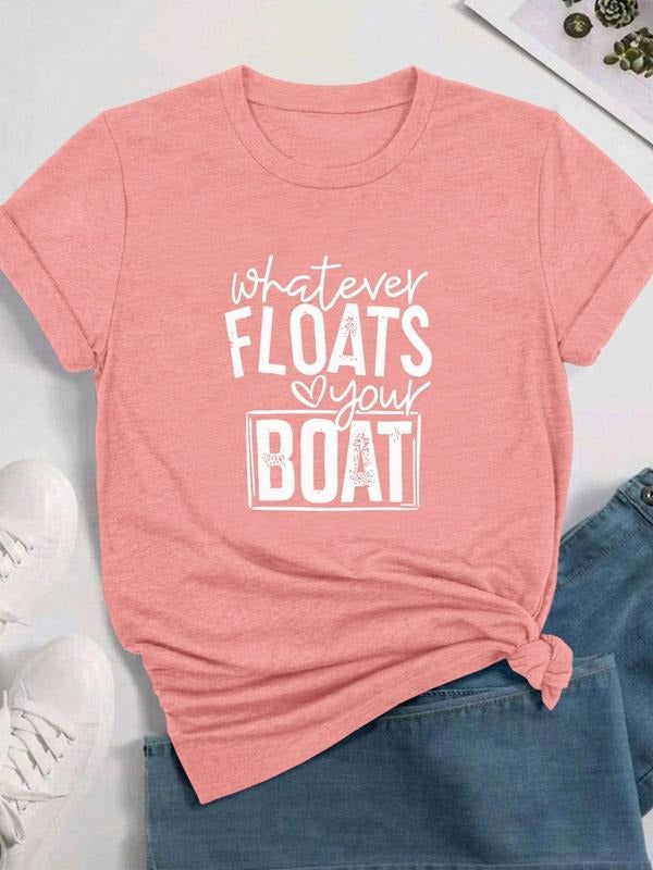 Women's Letter Print Round Neck Tee, Casual Short Sleeve Crew Neck T-shirt for Daily Wear, Ladies Clothes for All...