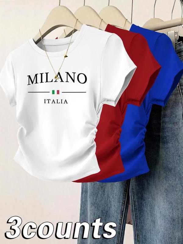 Women's Letter Print Round Neck Tee, Casual Short Sleeve Crew Neck T-shirt for Summer, Fashion Women's Top for Daily...