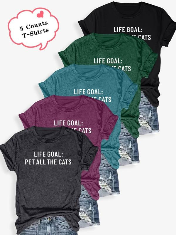 Women's Letter Print Round Neck Tee, Casual Short Sleeve Crew Neck T-shirt for Summer, Fashion Women's Top for Daily...