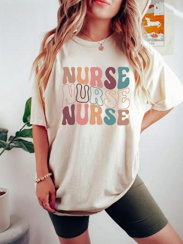 Women's Letter Print Round Neck Tee, Casual T-shirt for Summer, Women's Top for Daily Wear Hoodie Sweatshirt