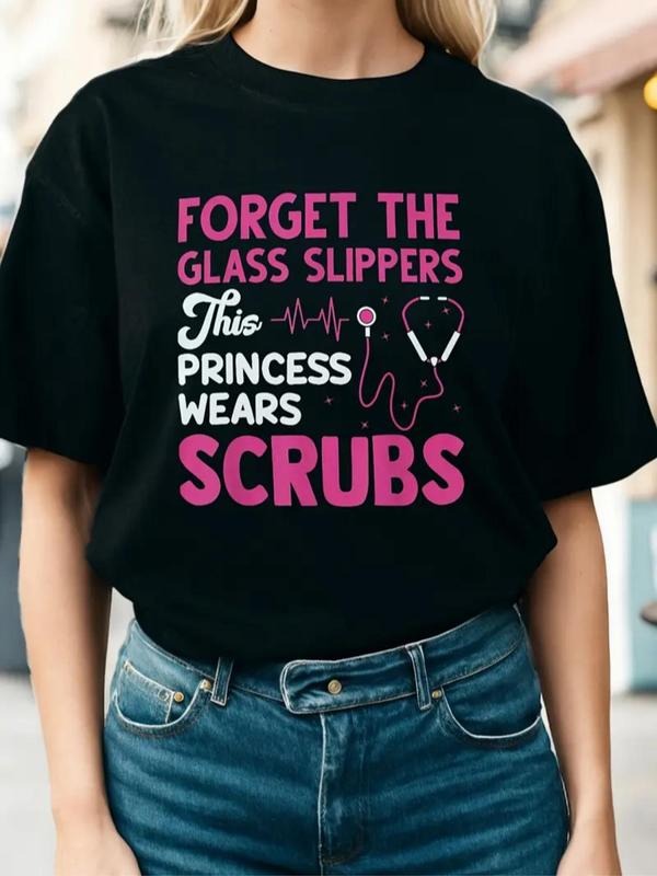 Women's Letter Print Round Neck Tee, Trendy Casual Short Sleeve T-shirt for Daily Wear, Ladies Summer Tops Hoodie Sweatshirt