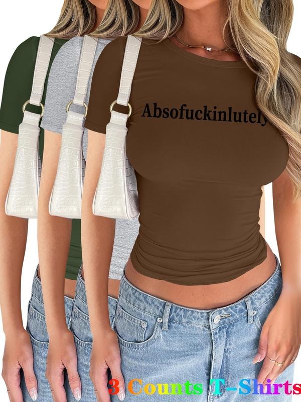 Women's Letter Print Short Sleeve Tee, Casual Round Neck T-shirt for Summer, Ladies Clothes for Daily Wear, Top Hoodie...