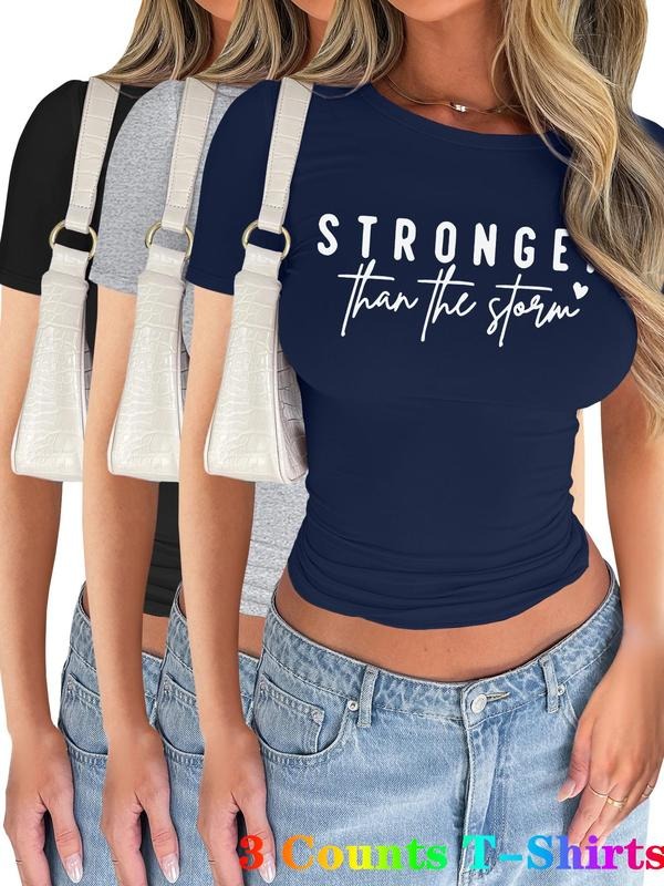 Women's Letter Print Short Sleeve Tee, Casual Round Neck T-shirt for Summer, Ladies Clothes for Daily Wear,...