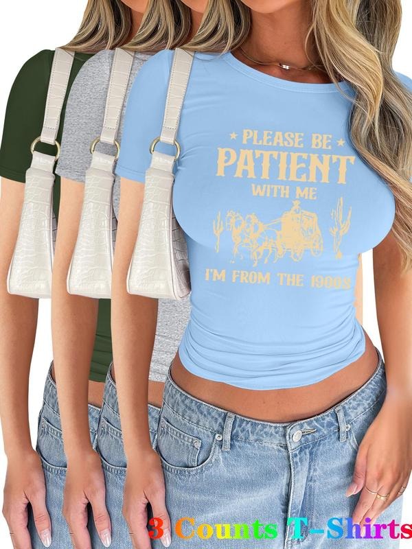Women's Letter Print Short Sleeve Tee, Casual Round Neck T-shirt for Summer, Women's Top for Daily Wear Hoodie Sweatshirt