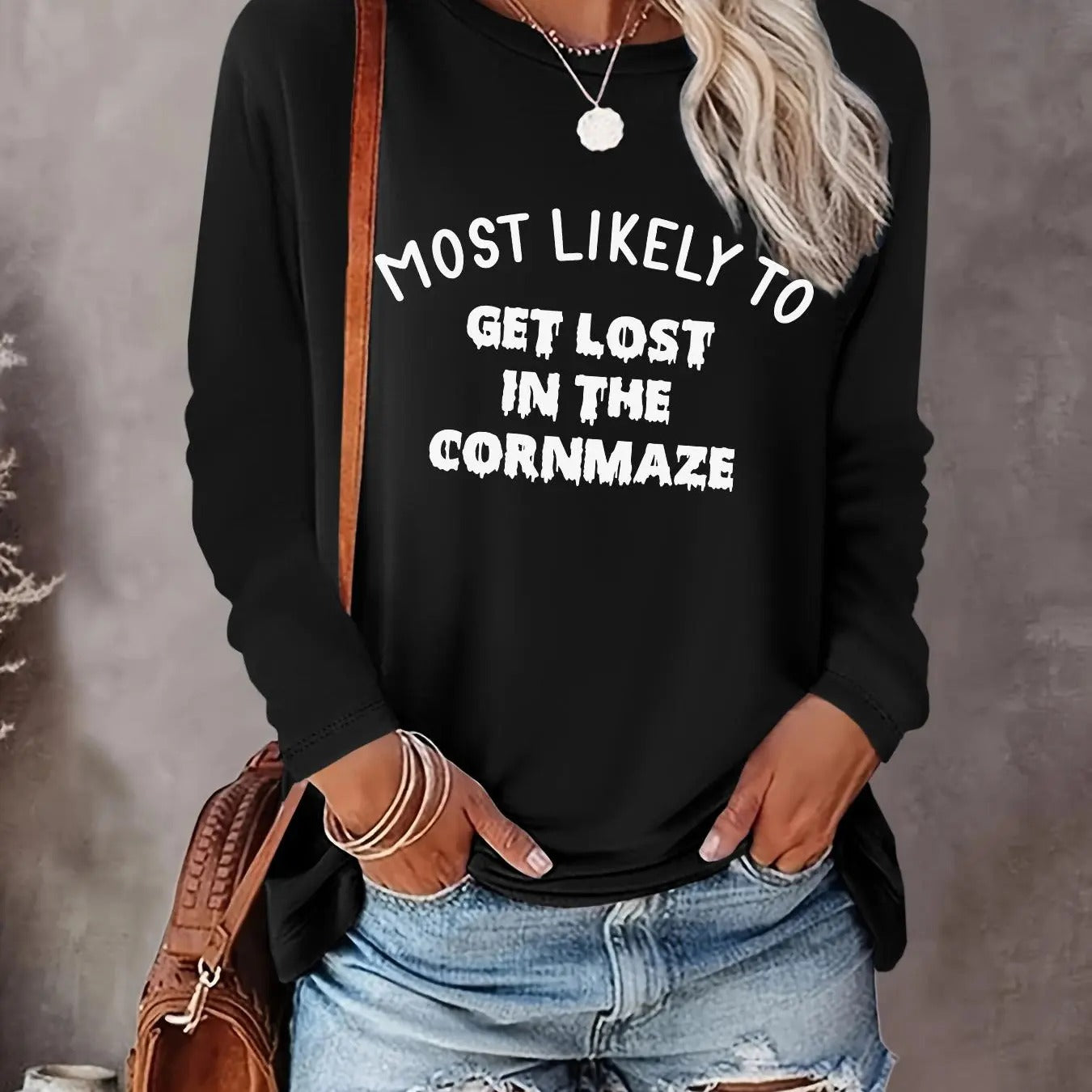 Women's Letter Print Tee, Casual Long Sleeve Crew Neck T-shirt for Spring & Fall, Women's Top for Daily Wear Hoodie...