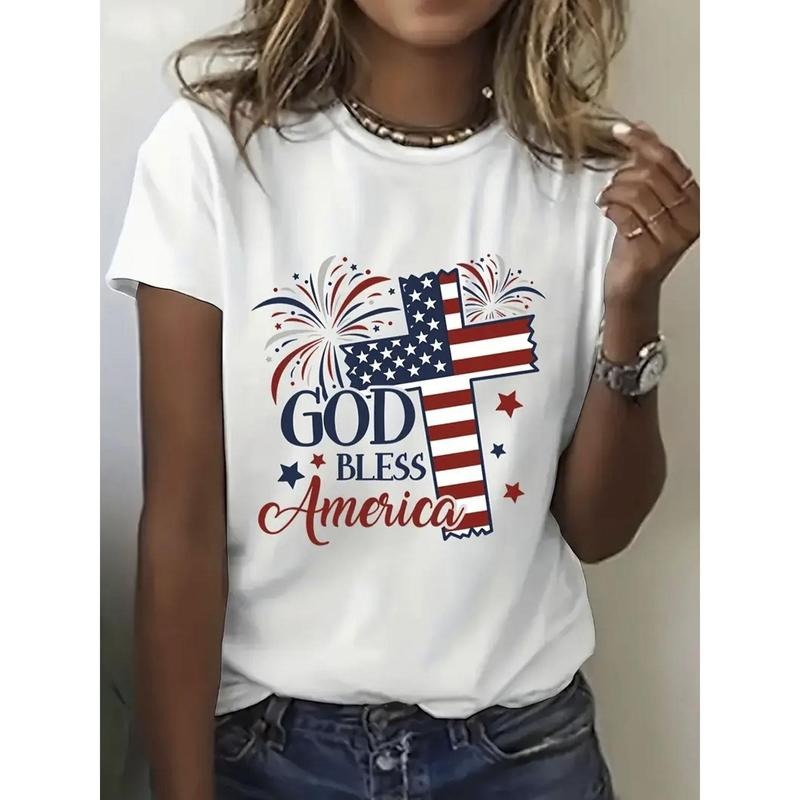 Women's Lightweight 100% Cotton T-Shirt with Patriotic Cross Print - "God Bless America" Design, Short Sleeve, Round...