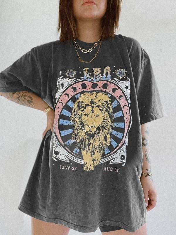 Lion & Figure Print Round Neck Casual Short Sleeve Crew Neck Summer Top Daily T-Shirts, Hoodie, Sweatshirt