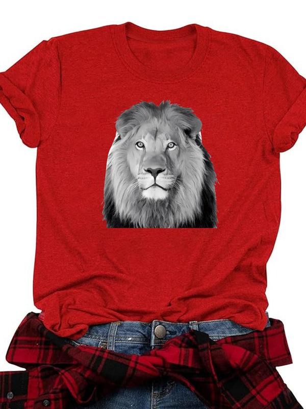 Women's Lion Print Round Neck Tee, Casual Short Sleeve Crew Neck T-Shirt for Daily Wear, Ladies Clothes for All Seasons...