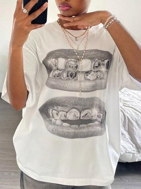 Lip Print Drop Shoulder Cute Casual Half Sleeve Round Neck Summer Top Daily T-Shirts, Hoodie, Sweatshirt
