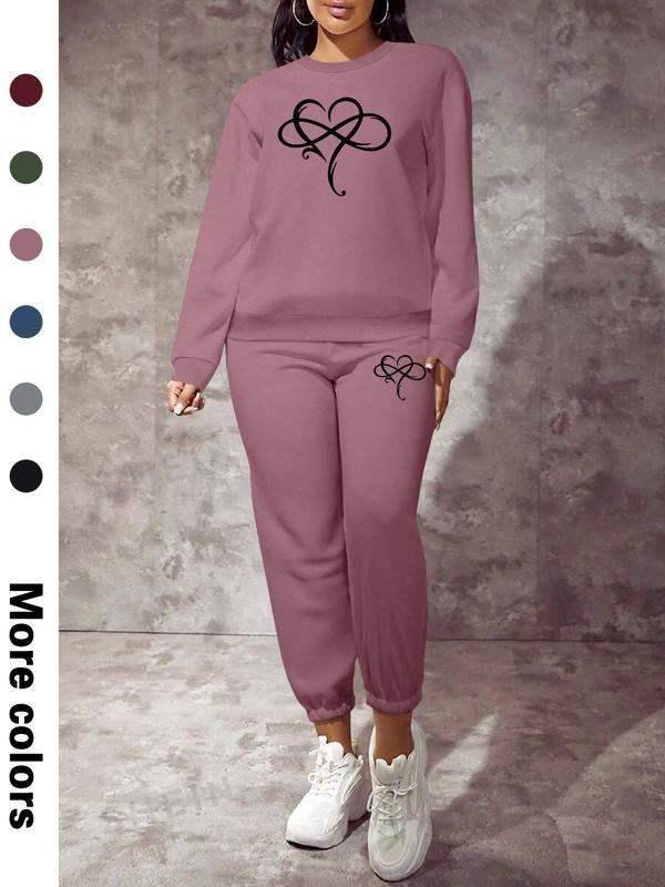 Women's Long Sleeve Heart Print Sweatshirt Set, Casual Sportswear, Comfortable Fashion Design, Perfect for Daily Wear,...