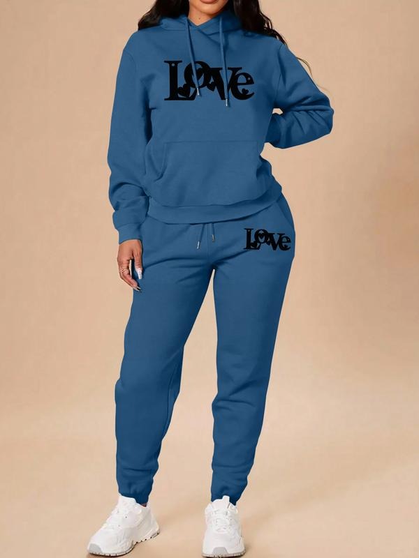 Women's Long Sleeve Hooded Sweatshirt Set with Pockets, Casual Heart Letter Print, Fall & Winter Home Wear, 12 Colors...