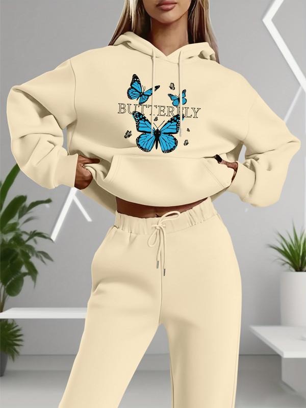 Women's Long Sleeve Hooded Sweatshirt Set, Butterfly & Leopard Print, Casual Fitted Two-Piece for Spring Fall Shirt Hoodie