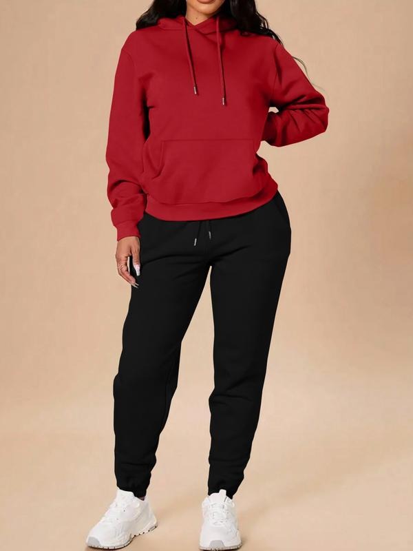 Women's Long Sleeve Hooded Sweatshirt Set, Casual Home Outdoor Fitness Wear, Pure Color Pocket Design, Fall Winter...