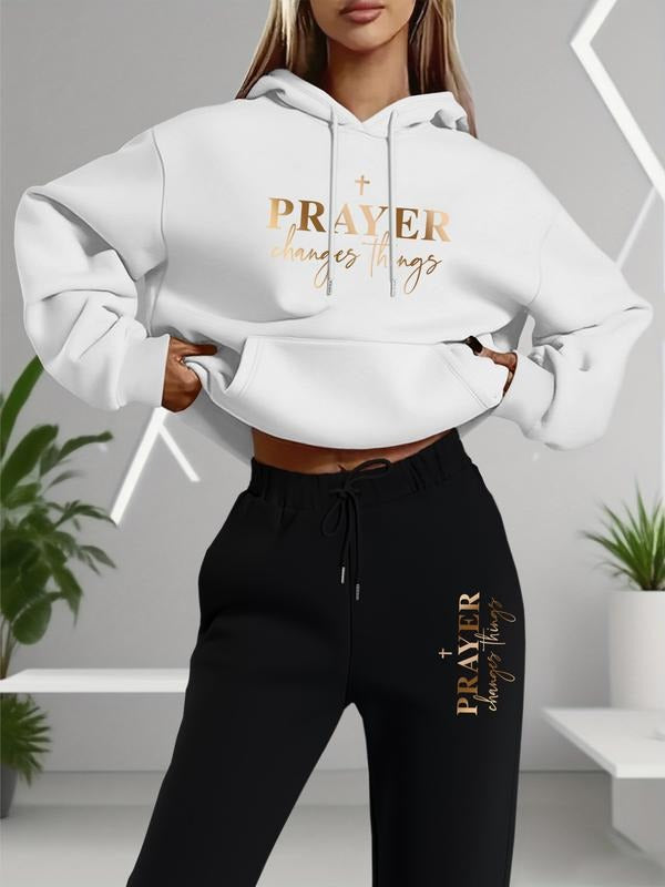 Women's Long Sleeve Hooded Sweatshirt Set, Letter Print Casual Style, Spring & Fall Fashion, Home Outdoor Fitness Wear...