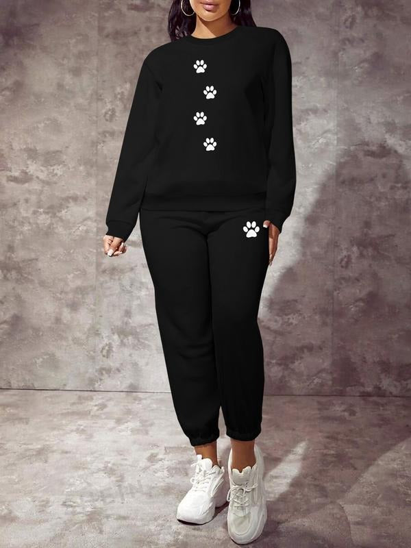 Women's Long Sleeve Sweatshirt Set, Casual Fitted Heart Pattern Design, Spring & Fall Fashion, Comfortable Home Wear...