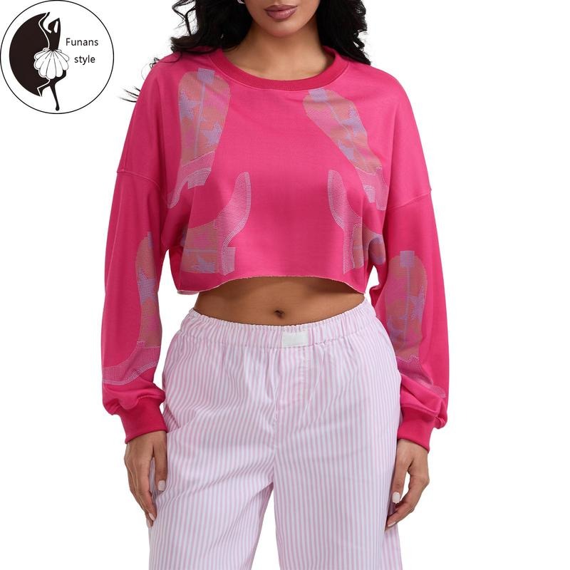 Women's Loose Sequins Boots Sweatshirt Spring Long Sleeve Round Neck Casual Cropped Pullover Shirt Hoodie | PrintMintTees.com
