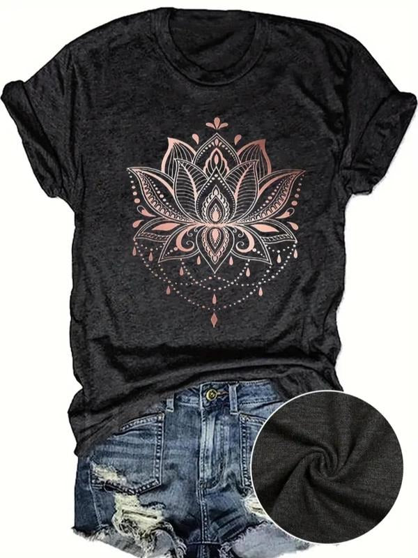 Women's Lotus & Letter Print Round Neck Tee, Trendy Casual Crew Neck Short Sleeve T-shirt for Daily Wear, Ladies All...