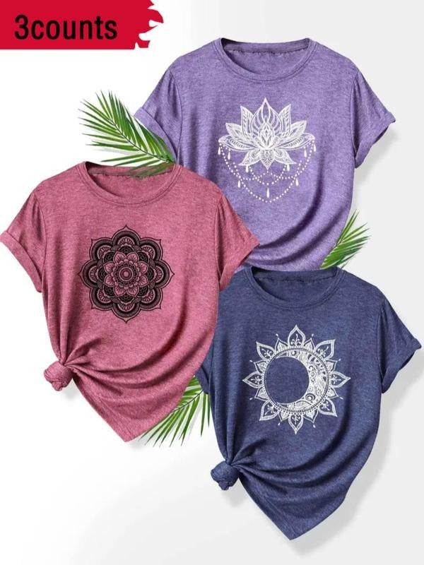 Women's Lotus & Mandala Print Round Neck Tee, Vintage Trendy Casual Short Sleeve T-shirt for Daily Wear, Ladies Summer...
