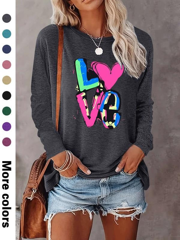 Women's Love Letter Print Long Sleeve Casual Fitted T-Shirt, Comfortable Fabric, Available in 9 Colors, Perfect for All...