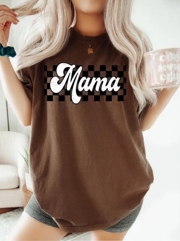 Women's Mama & Letter Print Round Neck Graphic Tee, Vintage Trendy Casual Figure Graphic Short Sleeve T-shirt for Daily...