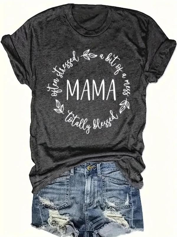 Women's Mama Letter Print Round Neck Tee, Fashion Casual Crew Neck T-shirt for Daily Holiday Vacation Outdoor Wear,...