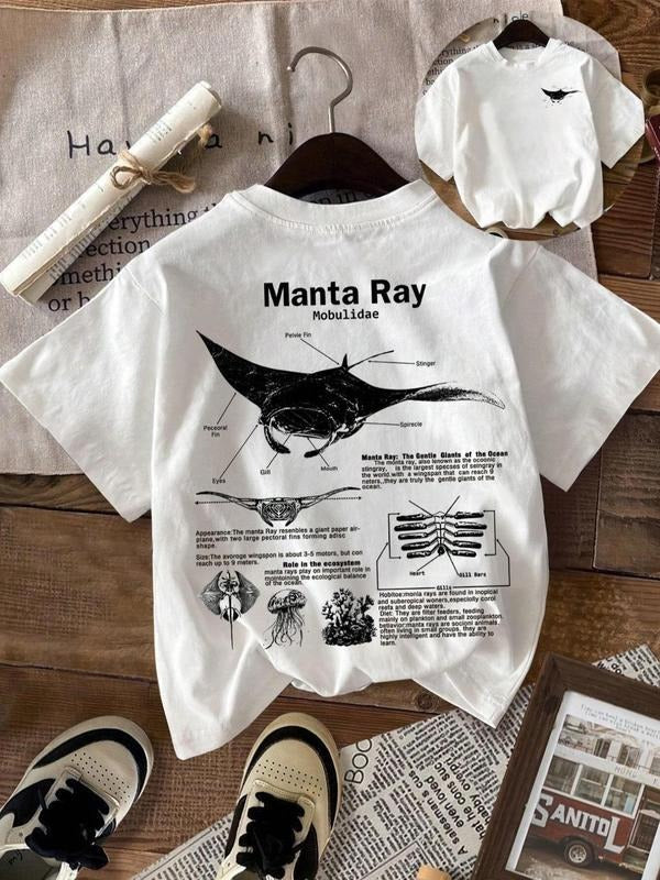 Women's Manta Ray Print Round Neck Tee, Casual Short Sleeve Crew Neck T-shirt for Summer, Fashion Women's Top for Daily...