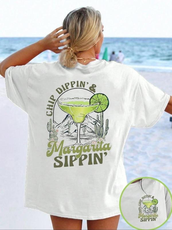 Women's Margarita & Cactus Print Round Neck Tee, Casual Letter Graphic Short Sleeve T-shirt for Summer, Ladies Clothes...