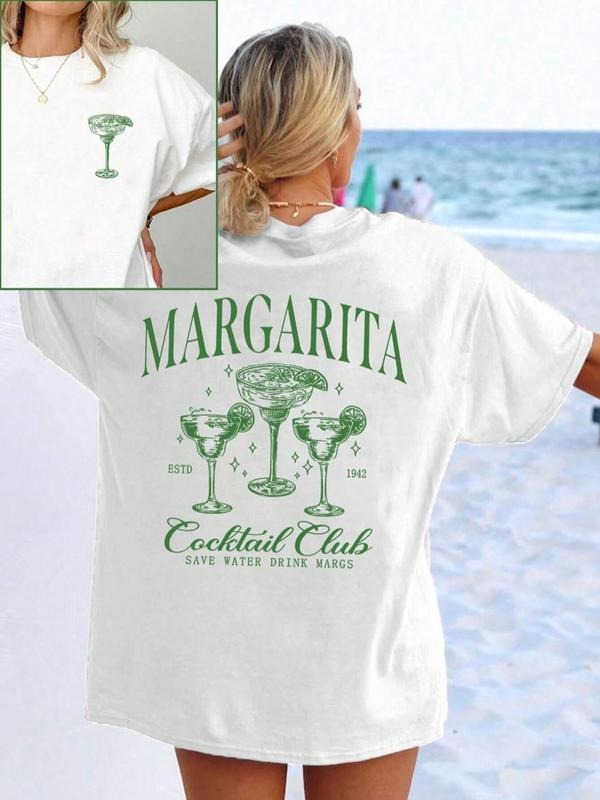 Women's Margarita & Letter Print Round Neck Tee, Casual Short Sleeve Crew Neck T-shirt for Summer, Fashion Women's Top...