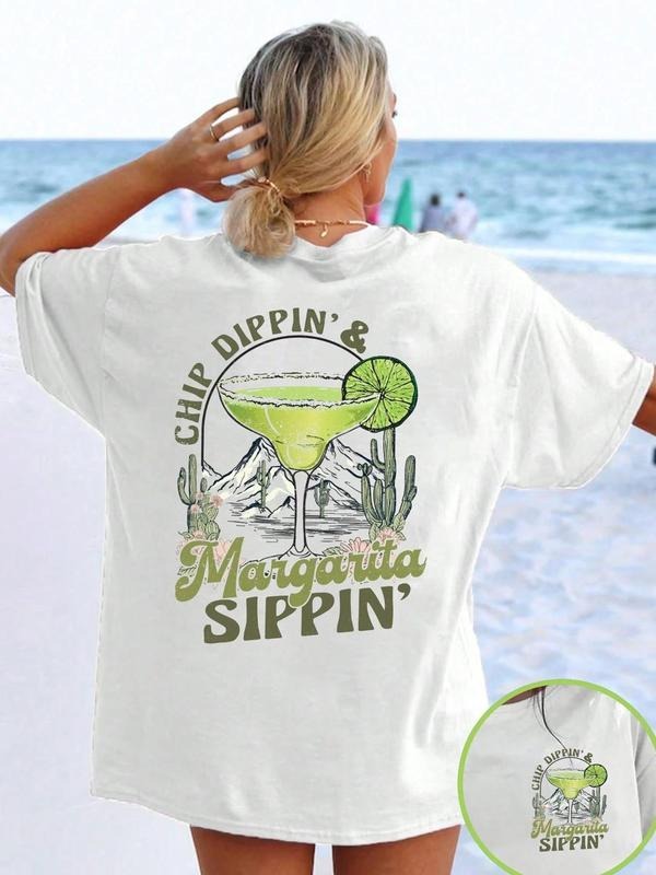 Women's Margarita & Letter Print Round Neck Tee, Casual Trendy T-shirt for Daily Wear, Ladies Summer, Top Hoodie Sweatshirt