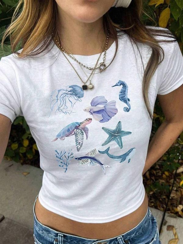 Women's Marine Life Print Off Shoulder Tee, Casual Marine Life Printed Crop T-shirt for Summer, Women's Top for Daily...