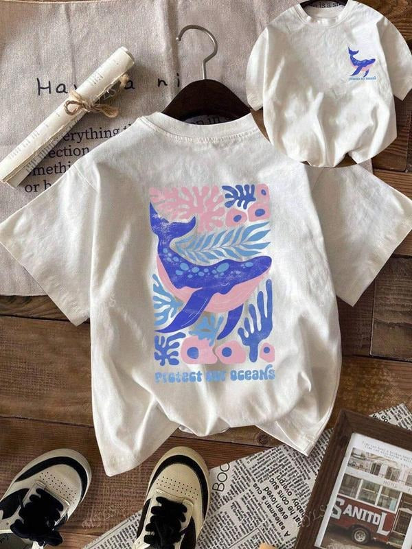 Women's Marine Life Print Round Neck Tee, Casual Short Sleeve Crew Neck T-shirt for Summer, Fashion Women's Top for Daily...