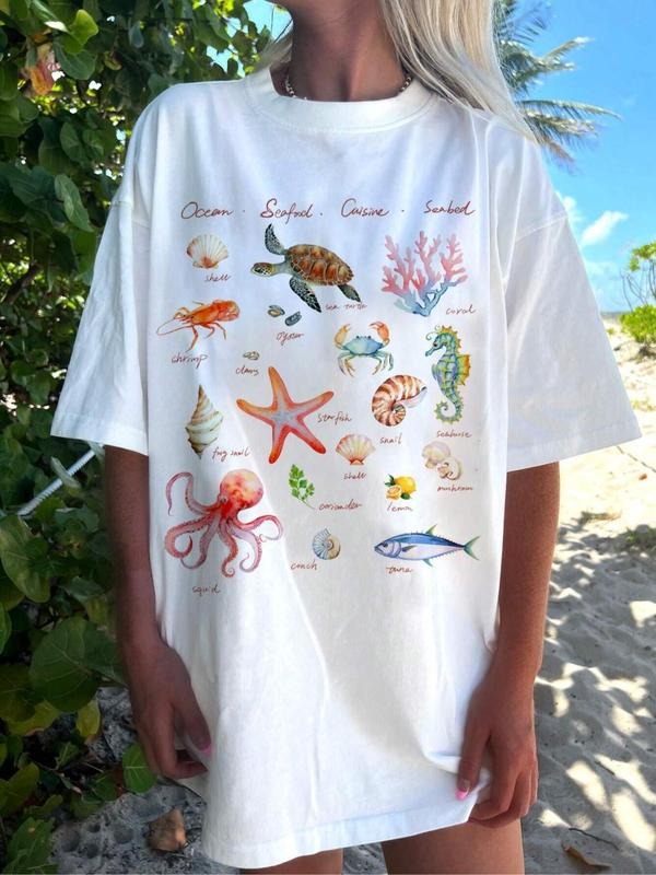 Marine Life Print Round Neck Casual Short Sleeve Summer Clothes Beach Vacation Top T-Shirts, Hoodie, Sweatshirt
