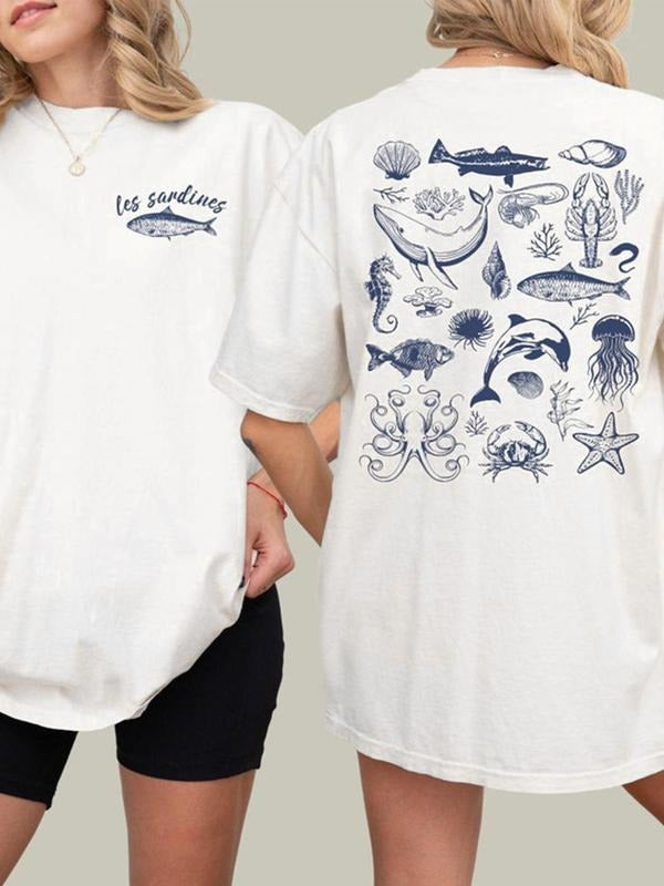Marine Life Print Round Neck Casual Short Sleeve Summer Clothes Daily Top T-Shirts, Hoodie, Sweatshirt