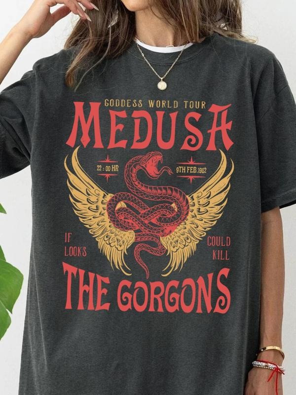 Women's Medusa & Figure Print Round Neck Tee, Fashion Casual Short Sleeve T-shirt for Daily Wear, Ladies Summer Clothes...
