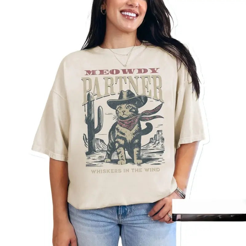 Women's Meowdy Partner Cowboy Cat Shirt, Vintage Cowboy Cat Shirt Cotton Womenswear Hoodie Sweatshirt | PrintMintTees.com