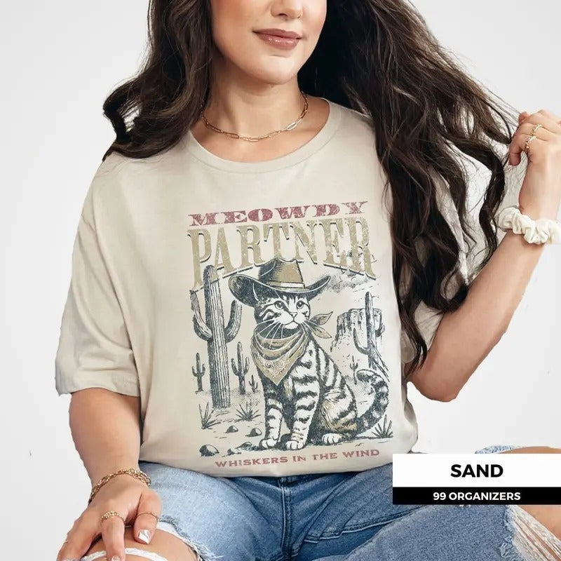Women's Meowdy Partner Vintage Cowboy Cat Shirt, Cute Ranch Cat Graphic Tee, Retro 90s Country Yeehaw Top Cotton...