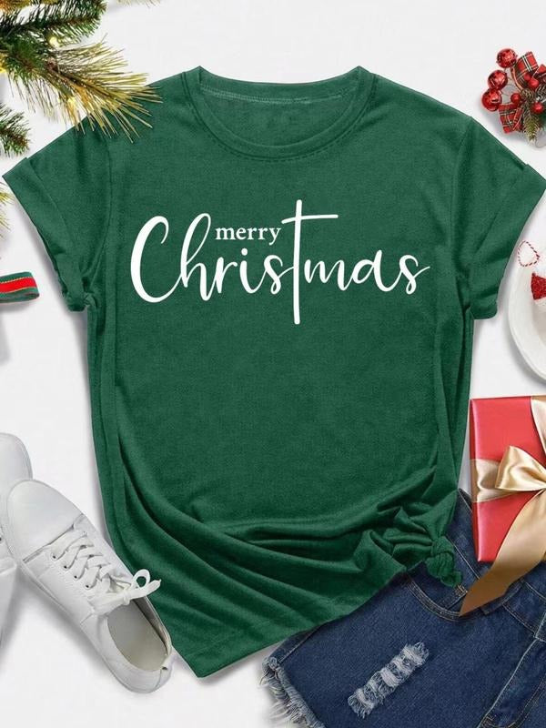 Women's Merry Christmas Print Round Neck Tee, Casual Short Sleeve Crew Neck T-shirt for Daily Holiday Vacation Outdoor...