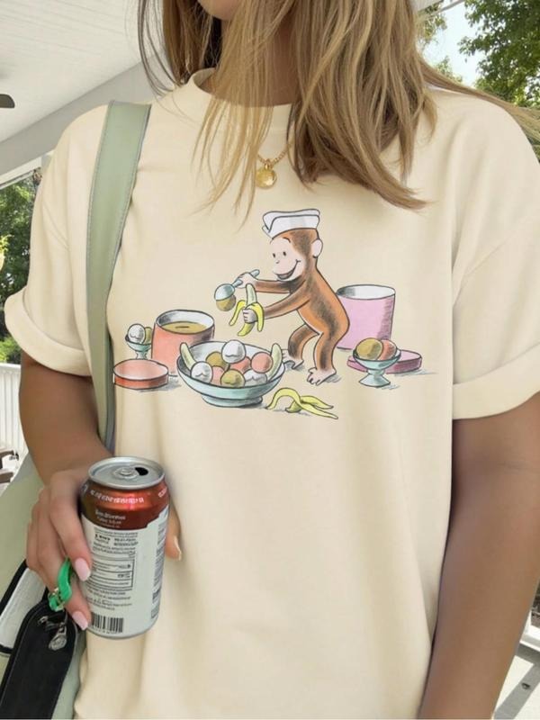 Women's Monkey & Banana Print Round Neck Graphic Tee, Vintage Trendy Casual Short Sleeve T-shirt for Daily Wear, Ladies...