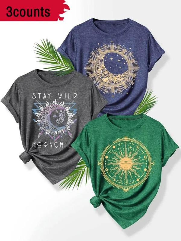 Women's Moon & Sun & Letter Print Round Neck Tee, Casual Short Sleeve T-shirt for Summer, Ladies Clothes for Daily Wear...