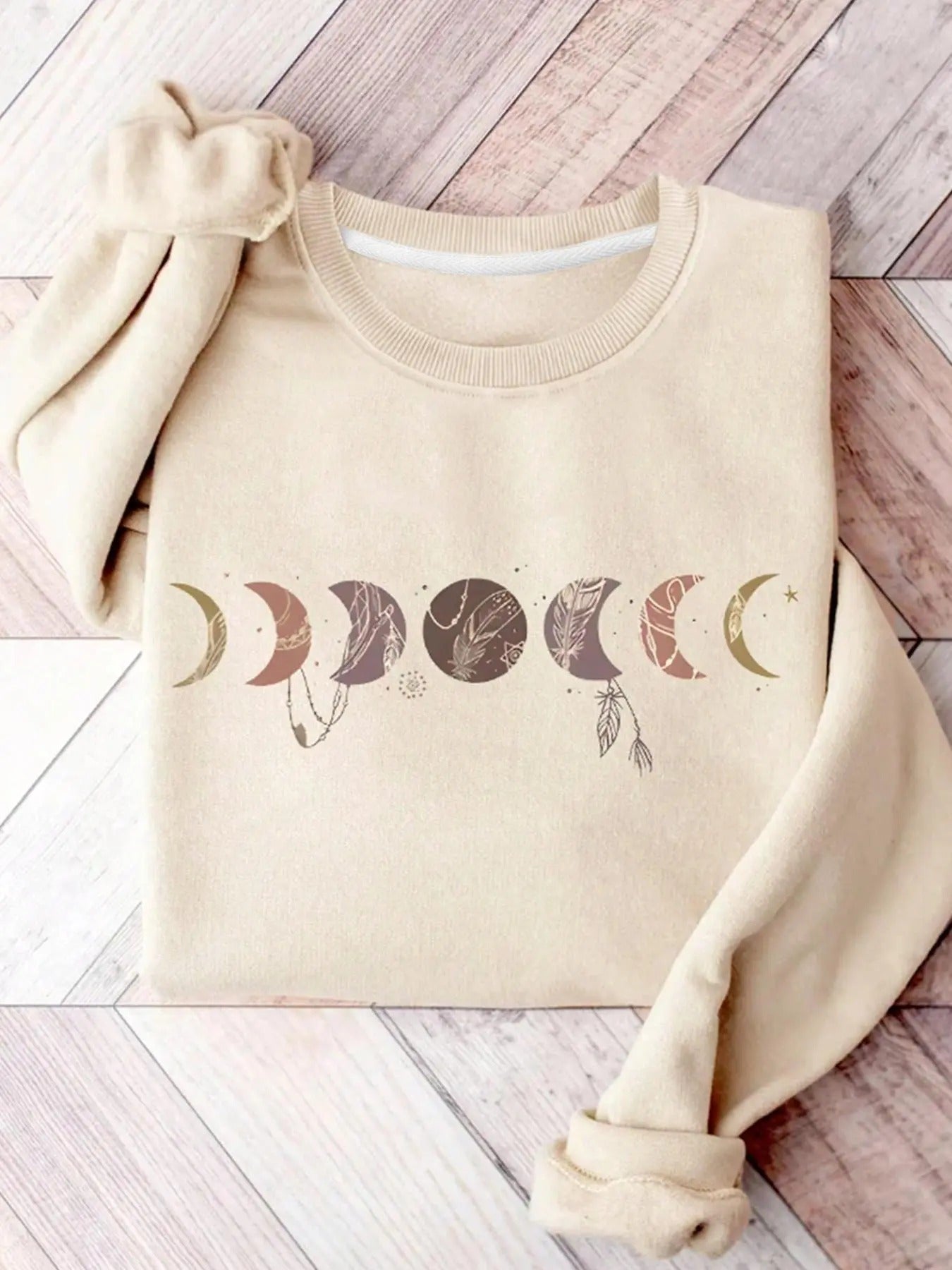 Moon Print Crew Neck Casual Long Sleeve Spring & Fall Top Daily T-Shirts, Hoodie, Sweatshirt