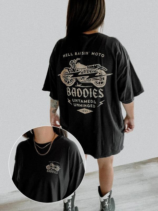 Women's Motorcycle Print Round Neck Tee, Casual Short Sleeve Crew Neck T-shirt for Summer, Fashion Women's Top for Daily...