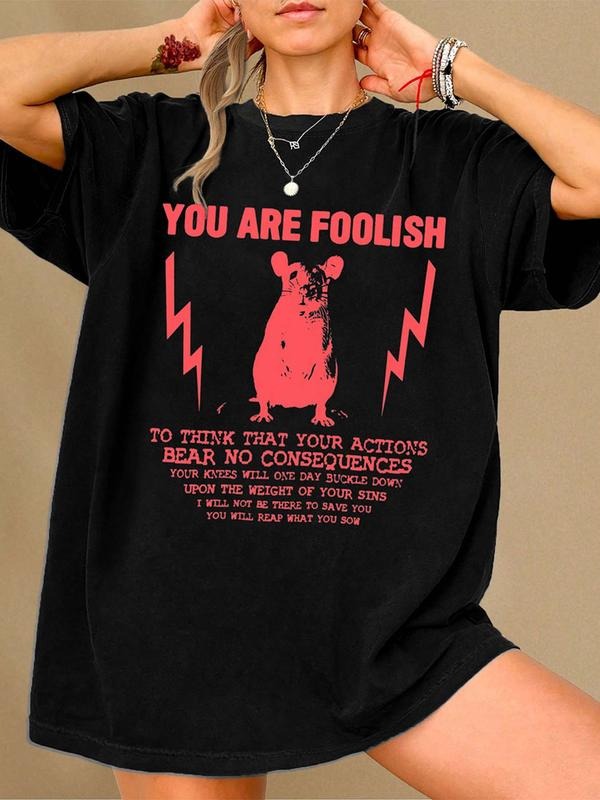 Women's Mouse & Letter Print Round Neck Tee, Fashion Casual Crew Neck T-shirt for Daily Holiday Vacation Outdoor Wear,...