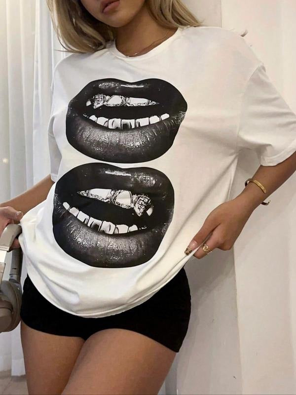 Mouth Print Drop Shoulder Casual Short Sleeve Round Neck Summer Top Daily Shirt Hoodie Sweatshirt